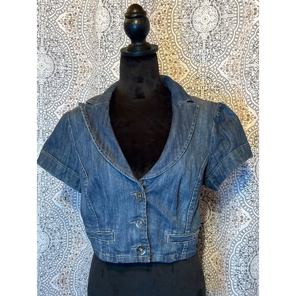 Guess Womens Denim Cropped Jacket Size L Short Sleeve Button Front - Picture 11 of 11